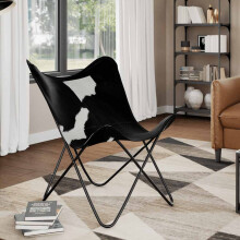 Berkfield Butterfly Chair Black and White Real Cowhide Leather