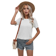 Round Neck Solid Color Sweater White L