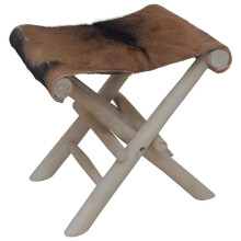 Berkfield Folding Stool Goatskin Leather and Solid Teak Wood