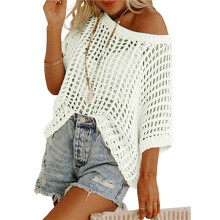 Womens Summer Scoop Neck Short Sleeve Hollow Out Knit Tops White XL