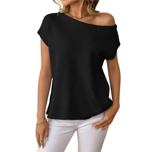 Women'S Short-Sleeved Off-Shoulder Knitted Pullover Black M
