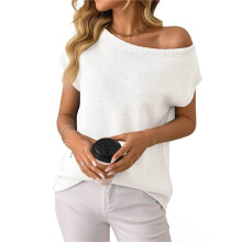 Women'S Short-Sleeved Off-Shoulder Knitted Pullover Creamy White L