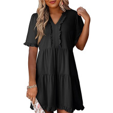 Vestido Informal de Mujer con Escote en V, Manga Corta, Corte A y Volantes, Color Negro, Talla XXL