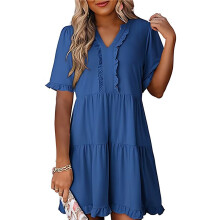 Vestido Informal de Mujer con Escote en V, Manga Corta, Corte A y Volantes, Azul, Talla XXL