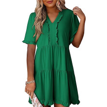 Vestido Informal de Mujer con Escote en V, Manga Corta, Corte A y Volantes, Verde, Talla XXL