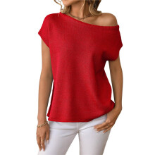 Women'S Short-Sleeved Off-Shoulder Knitted Pullover Red L