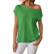 Women'S Short-Sleeved Off-Shoulder Knitted Pullover Green S