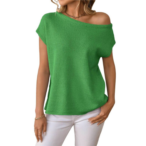 Women'S Short-Sleeved Off-Shoulder Knitted Pullover Green S