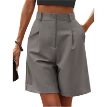 Pantalones Cortos de Verano para Mujer, con Cintura Elástica, Pierna Ancha y Largo Hasta la Rodilla, con Bolsillos, Color Gris Oscuro, Talla S