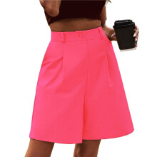 Pantalones Cortos de Verano para Mujer, con Cintura Elástica, Pierna Ancha y Largo Hasta la Rodilla, con Bolsillos, Color Rojo Rosa, Talla S