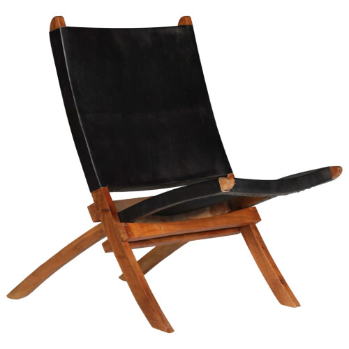 Berkfield Folding Relaxing Chair Black Real Leather