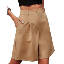 Pantalones Cortos de Verano para Mujer, con Cintura Elástica, Pierna Ancha y Largo Hasta la Rodilla, con Bolsillos, Color Camello, Talla XXL