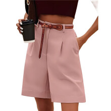 Pantalones Cortos de Verano para Mujer, con Cintura Elástica, Pierna Ancha y Largo Hasta la Rodilla, con Bolsillos, Color Loto, Talla S