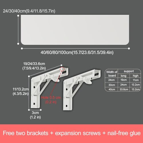 White Wall Mounted Folding Table 60x40cm with Adjustable Steel Bracket, SpaceSaving Workbench for Small Rooms 1