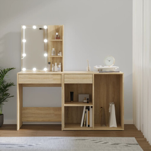 Berkfield LED Dressing Table with Cabinet Sonoma Oak Engineered Wood