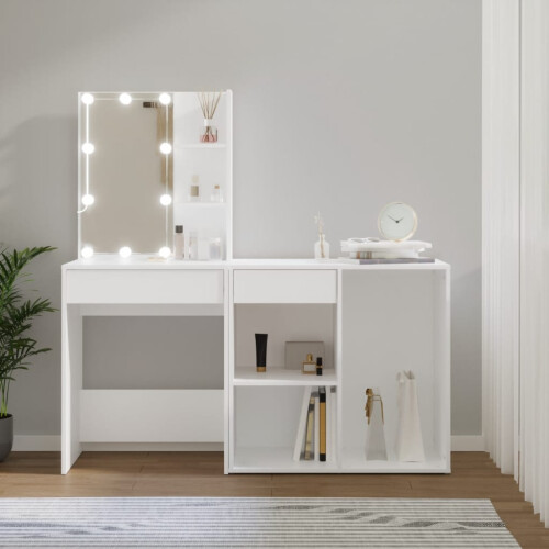 Berkfield LED Dressing Table with Cabinet White Engineered Wood