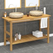 Berkfield Bathroom Vanity Cabinet with Cream Marble Sinks Solid Wood Teak
