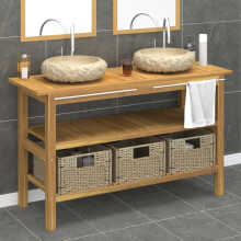 Berkfield Bathroom Vanity Cabinet with Cream Marble Sinks Solid Wood Teak