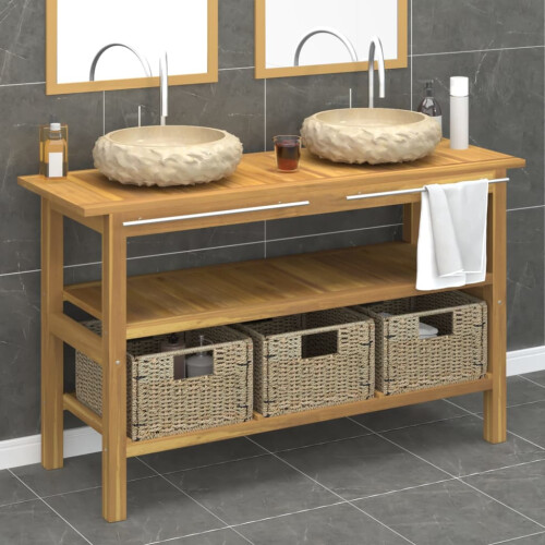 Berkfield Bathroom Vanity Cabinet with Cream Marble Sinks Solid Wood Teak