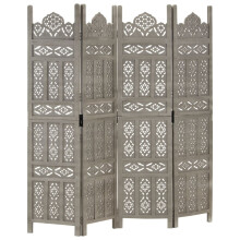 Berkfield Hand carved 4-Panel Room Divider Grey 160x165 cm Solid Mango Wood