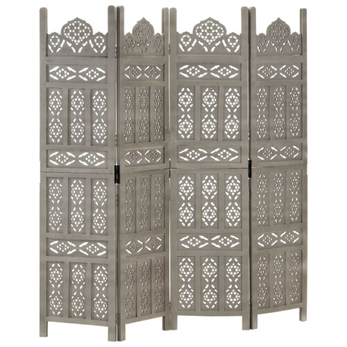 Berkfield Hand carved 4-Panel Room Divider Grey 160x165 cm Solid Mango Wood
