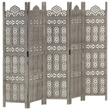 Berkfield Hand carved 5-Panel Room Divider Grey 200x165 cm Solid Mango Wood