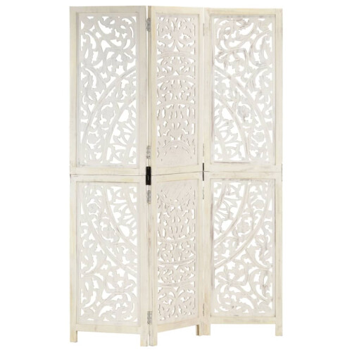 Berkfield Hand carved 3-Panel Room Divider White 120x165 cm Solid Mango Wood