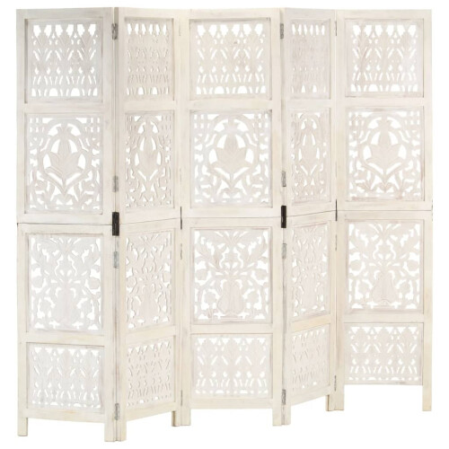 Berkfield Hand carved 5-Panel Room Divider White 200x165 cm Solid Mango Wood