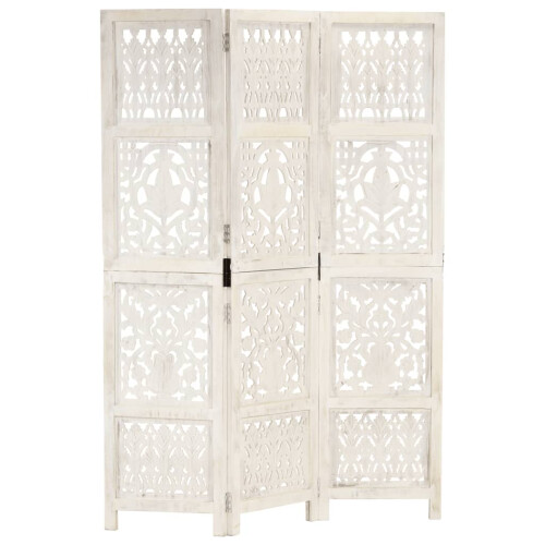 Berkfield Hand carved 3-Panel Room Divider White 120x165 cm Solid Mango Wood