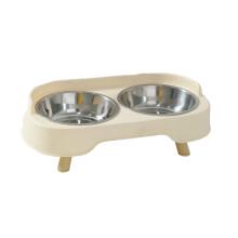 Stainless Steel Cats Bowl With Wood Base For Food And-White