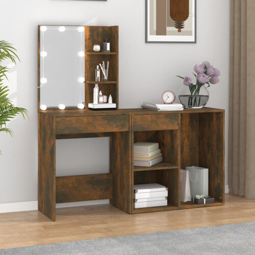 Berkfield LED Dressing Table with Cabinet Smoked Oak Engineered Wood