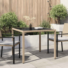 Berkfield Garden Table 90x90x75 cm Tempered Glass and Poly Rattan Beige