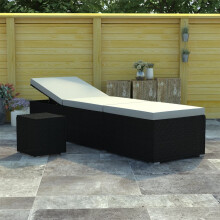 Berkfield Sun Lounger with Cushion and Tea Table Poly Rattan Black