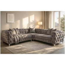 (Grey Velvet, 5 Seater Corner) Chesterfield Monaco Corner Sofa Velvet Couch Longue Settee 5 & 6 Seater Corner