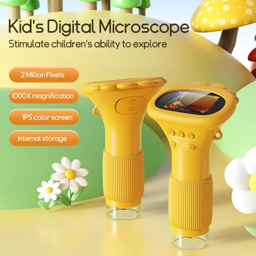 Kids Digital Microscope with 2Inch HD Screen, 1000X USB Magnification, Adjustable LED Light, Yellow 1