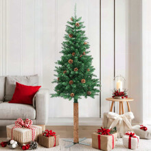 Berkfield Slim Christmas Tree with Real Wood and Cones Green 180 cm PVC