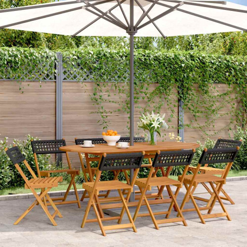 Berkfield Folding Garden Chairs 8 pcs Black Poly Rattan and Solid Wood