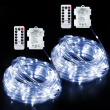 Batterijgevoede lichtsnoeren, 2 stuks, 22 meter, 200 LED's, waterdicht, 8 standen, met afstandsbediening en timer - Koel wit