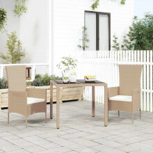 Berkfield Garden Table with Glass Top Beige Poly Rattan&Tempered Glass