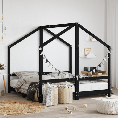 Berkfield Kids Bed Frame Black 2x(80x160) cm Solid Wood Pine