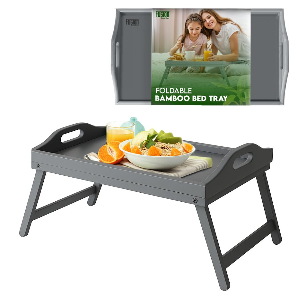Fusion Food Care White Bamboo Bed Tray Table With Foldable Legs And Handles Breakfast Tray For Sofa Bed Platters Lap Tray - Image 2