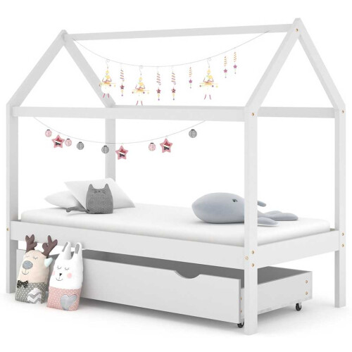 Berkfield Kids Bed Frame with a Drawer White Solid Pine Wood 80x160 cm