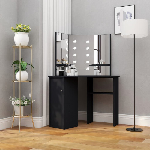 Berkfield Corner Dressing Table with LED Black 111x54x141.5 cm