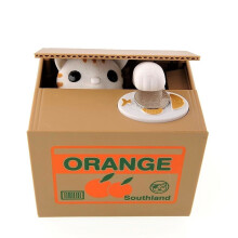Stealing Coin Cat Piggy Bank White Cat in Orange Box Cute Automatic Money Box Gift for Kids 4.7 x 4 x 3.6 Inches