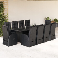 Berkfield 11 Piece Garden Dining Set with Cushions Black Poly Rattan