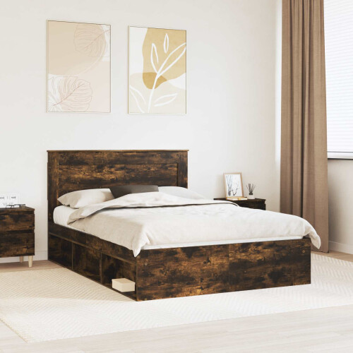 Berkfield Bed Frame with Drawer Smoked Oak 150 x 200 cm Solid Pine Wood