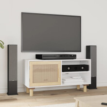 Berkfield TV Cabinet White 80x30x40 cm Solid Wood Pine and Natural Rattan