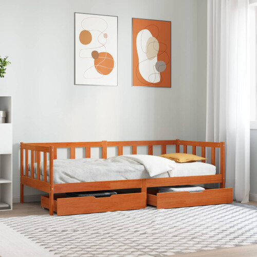 Berkfield Daybed with Drawer with Wheel 3 pcs Wax Brown Solid Pine Wood