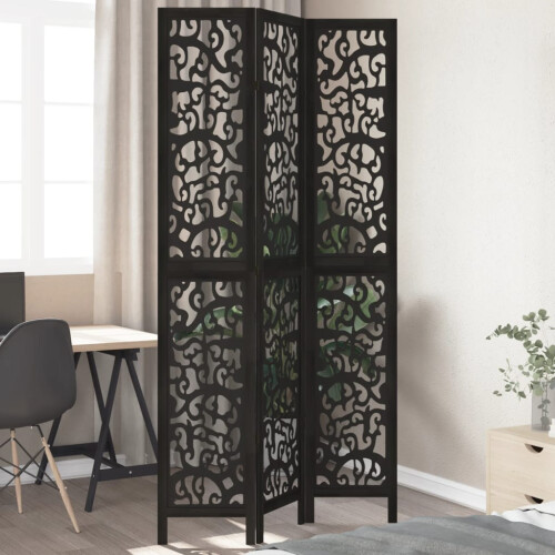 Berkfield Room Divider 3 Panels Black Solid Wood Paulownia