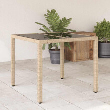 Berkfield Garden Table with Glass Top Beige 90x90x75 cm Poly Rattan